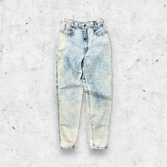 Vtg 80s Gitano Acid Wash Jeans, High Rise Tapered, Mom Denim, Zip Snap Fly 12 26 - Picture 1 of 7